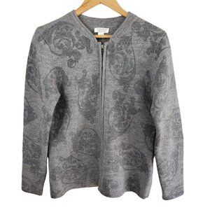 Christopher & Banks Classic 100% Wool Cardigan Zip Front Gray Floral Paisley S